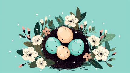 Easter poster and banner template with Easter eggs in a nest on a light green background.