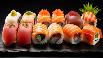 A colorful and artistic arrangement of fresh sushi
