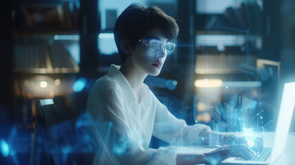 Beautiful Short Haired Project Manager Working on Computer in Office. Augmented Reality Social Media Icons Appear From Worker's Laptop. Internet of Things, Connectivity and Online Concept.