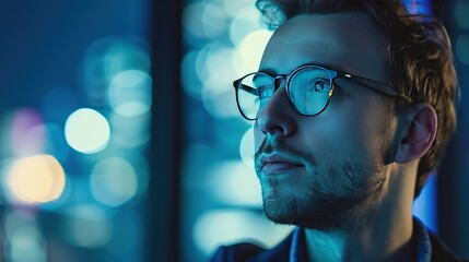 A man with glasses looks ahead against a bokeh light background, symbolizing vision, foresight, and modernity, suitable for technology and innovation-themed content.
