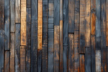 A wall of wooden slats in the color of dark wood with a pattern of wall panels in the texture background
