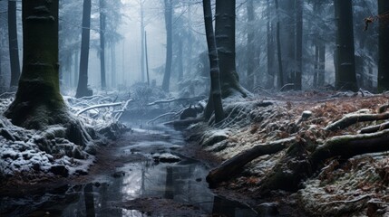 A forest landscape transforming with the arrival of winter snow