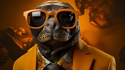 A fashionable turtle dons a dapper bowtie and stylish glasses against a solid yellow background. The high-definition image captures its unique sense of style and modern fashion choices  - Powered by Adobe