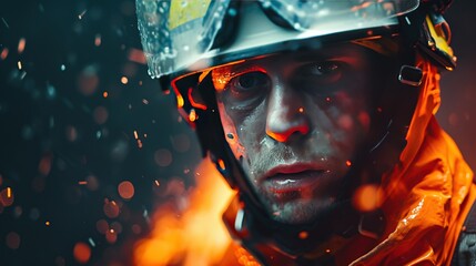 A close-up of a firefighter's face against a backdrop of fire and sparks, embodying a concept of bravery and emergency response, suitable for safety campaigns and educational materials.