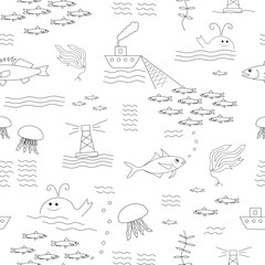 Ocean, sea fish and seaweed, lighthouse, sea bottom. Hand drawn black realistic outline vector seamless pattern.