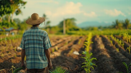A farmer stands in a sunlit field, the image suggests themes of agriculture and sustenance, ideal for educational or promotional materials related to farming and sustainability - obrazy, fototapety, plakaty