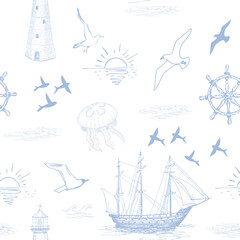 Nautical pattern. Hand drawn realistic outline vector illustration.