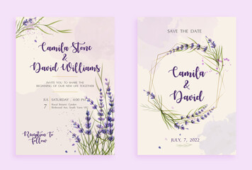 Rustic rustic wedding invitation in lavender watercolors