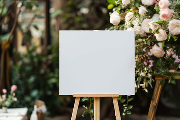 Blank Canvas on Easel Amidst Romantic Floral Setting for Personalization