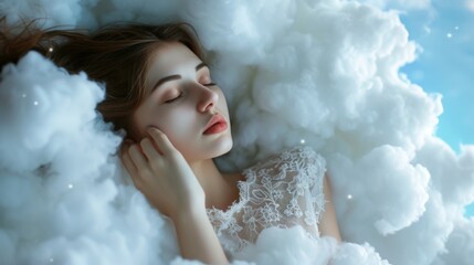 Young woman sleeping lying on a pillow made of soft clouds. Air dreams. Soft heavenly bed