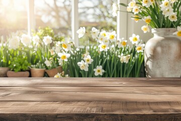 Empty wooden table over blooming white narcissus garden background. spring mock up.
