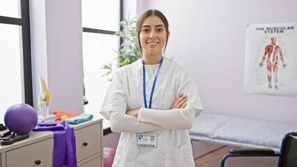 Confident hispanic woman healthcare worker standing with arms crossed in a clinic room with...