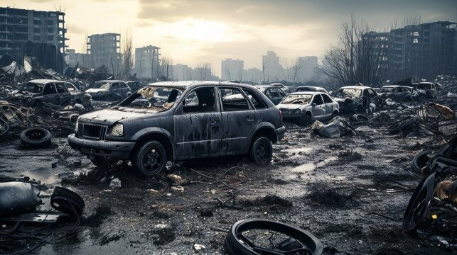 Abandoned cars and tires in a polluted junkyard
