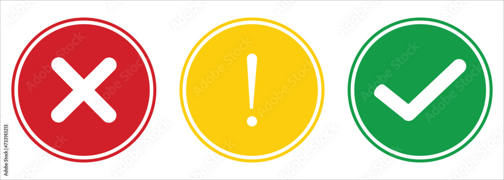 Poster set of flat round check mark, exclamation point, x mark icons, buttons isolated on a white backgroun