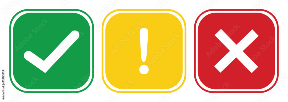 Poster set of flat round check mark, exclamation point, x mark icons, buttons isolated on a white backgroun