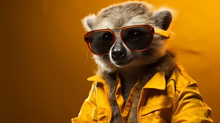 A hipster koala rocks a vintage-inspired ensemble, featuring suspenders and round spectacles, against a solid yellow background. The high-definition camera captures its retro-cool fashion sense