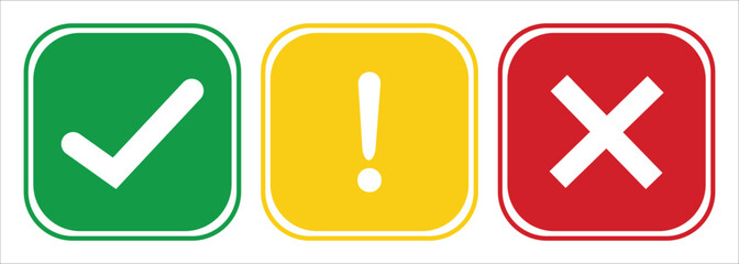 Set of flat round check mark, exclamation point, X mark icons, buttons isolated on a white background. EPS10 .