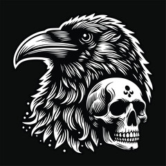 Dark Art Crow Head with Skull Black and White Illustration