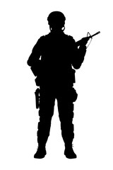 Silhouette of a soldier isolated on white background