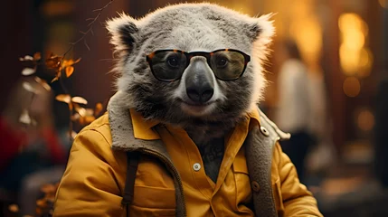 Tuinposter A hipster koala rocks a vintage-inspired ensemble, featuring suspenders and round spectacles, against a solid yellow background. The high-definition camera captures its retro-cool fashion sense ©  ALLAH LOVE