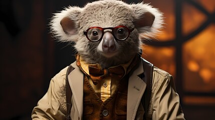 A hipster koala rocks a vintage-inspired outfit, featuring suspenders and round spectacles. With a nonchalant expression, it poses against a solid background, embodying the spirit of retro-cool