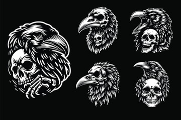 Dark Art Crow Head with Skull Black and White Illustration - obrazy, fototapety, plakaty