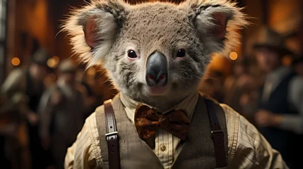 Foto op Plexiglas A hipster koala rocks a vintage-inspired outfit, featuring suspenders and round spectacles. With a nonchalant expression, it poses against a solid background, embodying the spirit of retro-cool ©  ALLAH LOVE