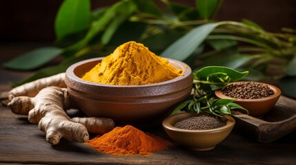 Ayurvedic ingredients like turmeric, ginger, and neem leaves
