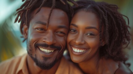 African American man and woman enjoying time together in nature enjoying playful fun on piggyback. Loving and hugging each other from ear to ear laughing in happiness as they spend time together in - obrazy, fototapety, plakaty
