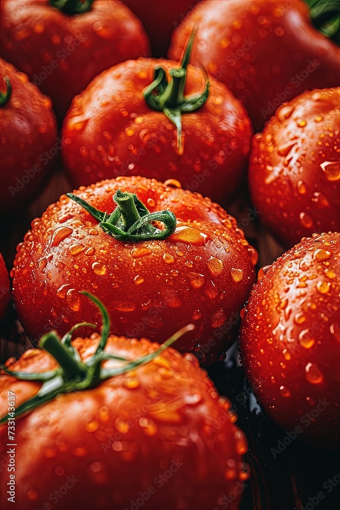 Sticker Ripe red tomatoes covered with dew drops for sale on the market. Close-up view. Nature's bounty: plump red tomatoes, adorned with dew drops, a treat for your senses.