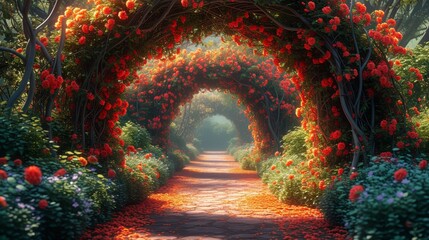 Flower arches and colorful greenery surround this beautiful fairytale garden. A beautiful digital painting background, illustration. - obrazy, fototapety, plakaty