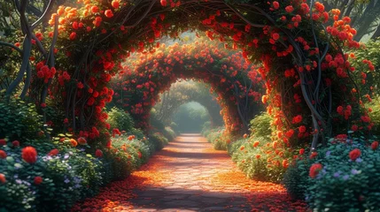 Poster Flower arches and colorful greenery surround this beautiful fairytale garden. A beautiful digital painting background, illustration. © Zaleman