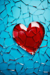 A shattered red heart against a stark blue background symbolizing heartbreak, broken relationship and emotional pain. Concept of lost love or betrayal.