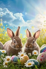 Fototapeta na wymiar Wishing you a basketful of joy this Easter! Bunnies, vibrant eggs, and daisies add charm to this beautiful landscape.