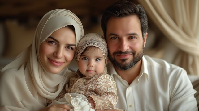 This picture shows a happy Arabic family posing with their little daughter at home