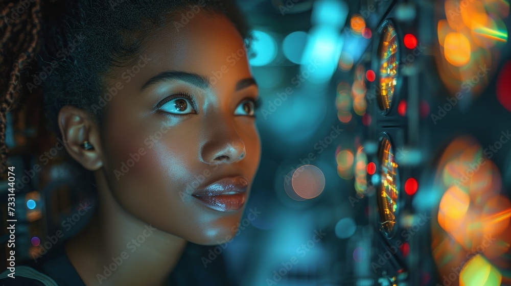 Poster A black woman working in a dark server room solves problems with a laptop, network, and data center. A female programmer has problems with a computer, cybersecurity, and analytics.