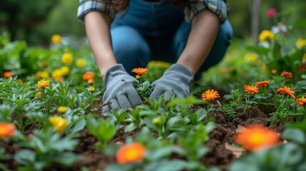 Flowers being planted in the garden by a gardener