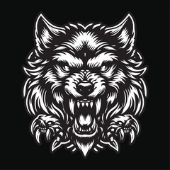 Dark Art Wolf Angry Scary Head Black and White Illustration