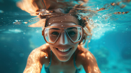 Fototapeta premium Joyful Woman Smiling Underwater While Snorkeling in Clear Blue Sea