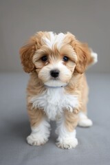 small white and brown puppy standing against gray backdrop