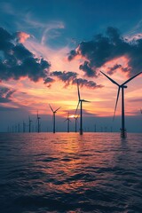Obraz premium Offshore wind farm at beautiful dramatic sunset. The graceful dance of wind turbines, generating clean energy offshore.
