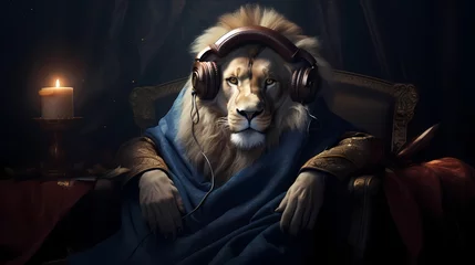 Tuinposter A regal lion in royal attire, adorned with a crown and velvet cape, relaxing on a throne while listening to classical music through majestic headphones ©  ALLAH LOVE
