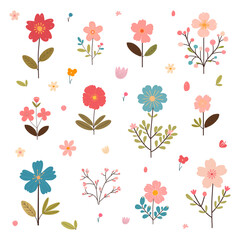 Isolated set of cute spring flowers and leaves in flat style. Design for fabric, packaging, textiles, wallpaper