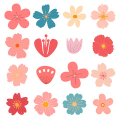 Isolated set with cute spring flowers in flat style. Design for fabric, packaging, textiles, wallpaper