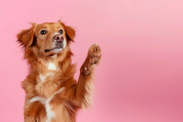 dog waving its paws on a pink background