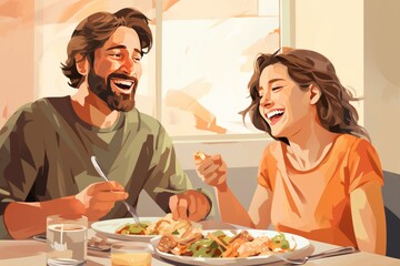 Fototapeta premium Happy young couple enjoying a romantic dinner at home to celebrate their wedding anniversary