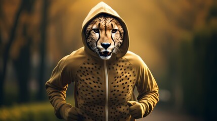 A sleek cheetah in sportswear, ready for a morning run in the park