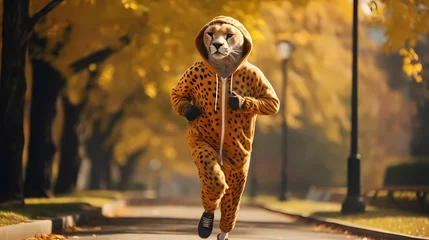 Tuinposter A sleek cheetah in sportswear, ready for a morning run in the park ©  ALLAH LOVE