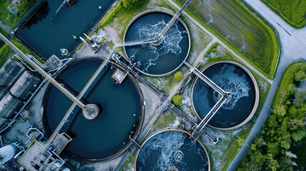 Sewage treatment plant from above. Water recycling. Waste management. Ecology and environment. Efficient water recycling in action from above.