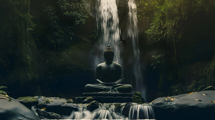 Meditating Buddha statue at beautiful waterfall in the jungle